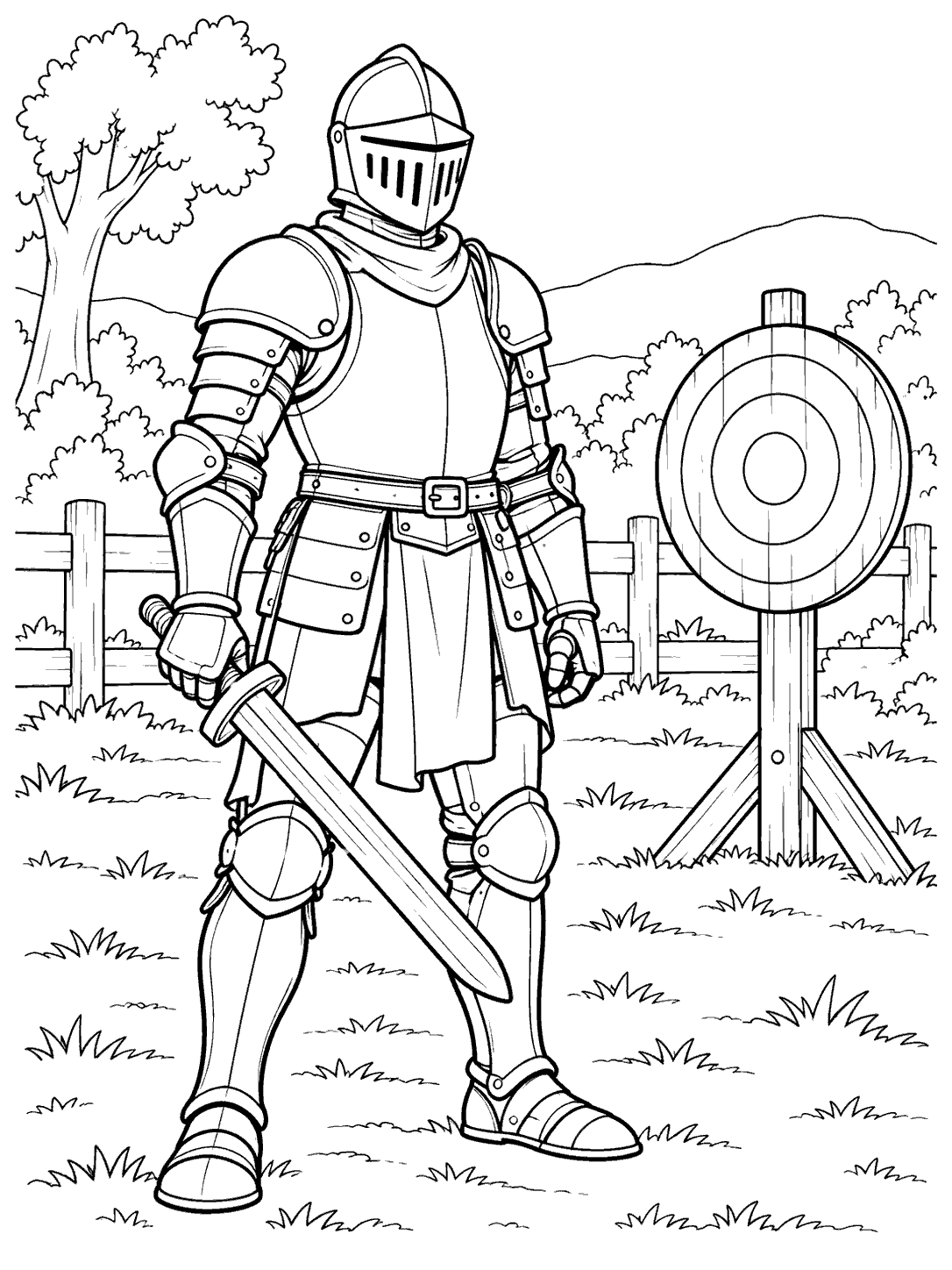 Knight practicing with wooden sword coloring page