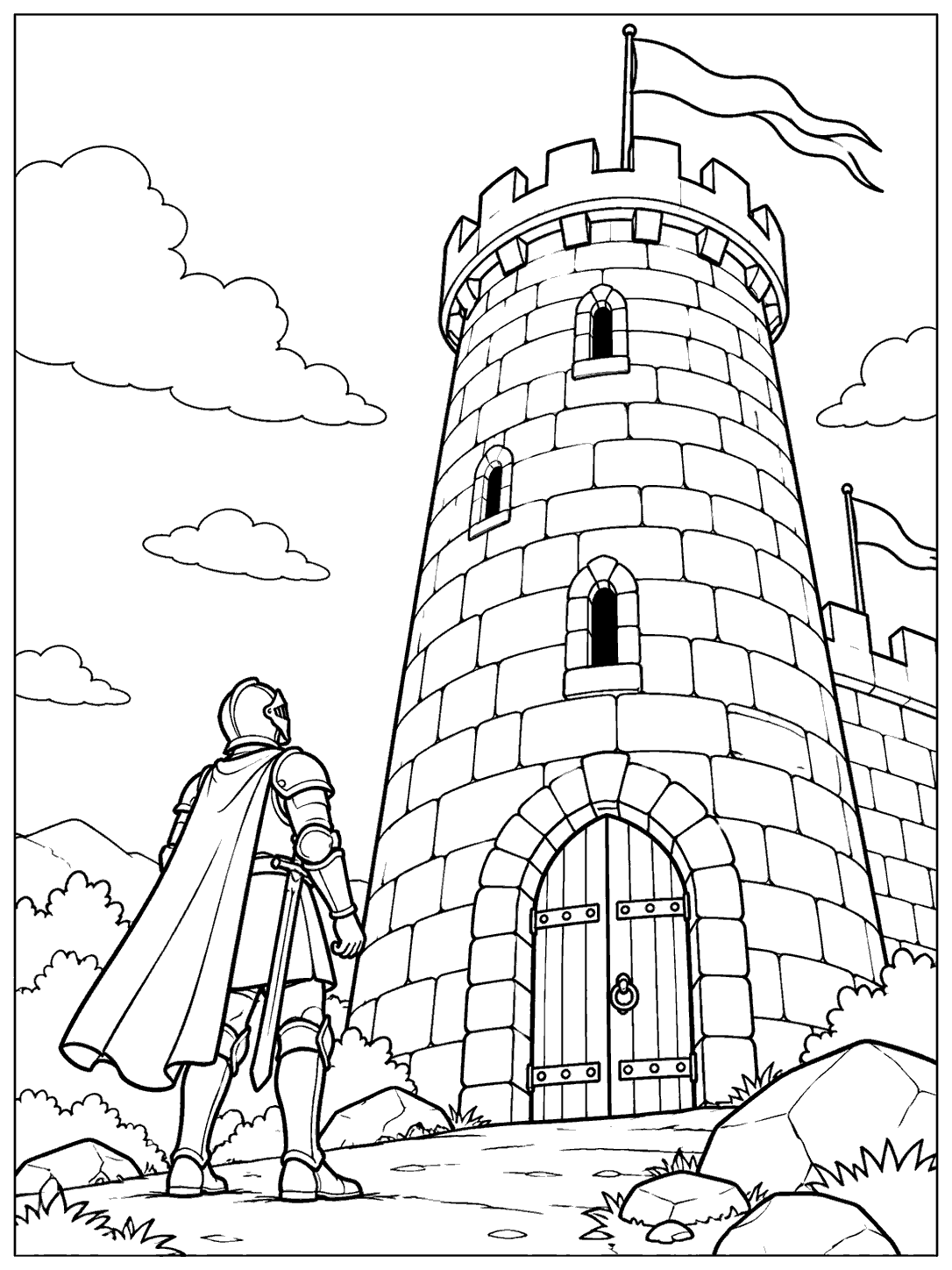 A fully armored knight looking up at a tall round stone castle tower with a doorway and two flags, in a black-outline coloring page.