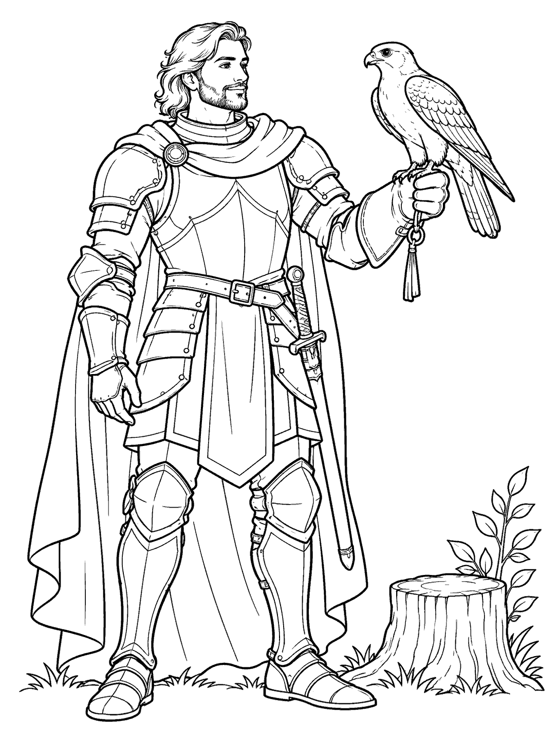 Black-and-white coloring page of an armored knight with a perched falcon, stump, and leafy sprig