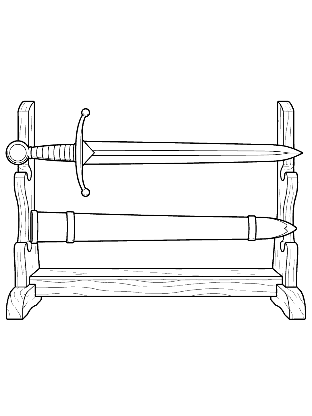 Black outline coloring page showing a medieval sword above its matching scabbard on a wooden display rack.