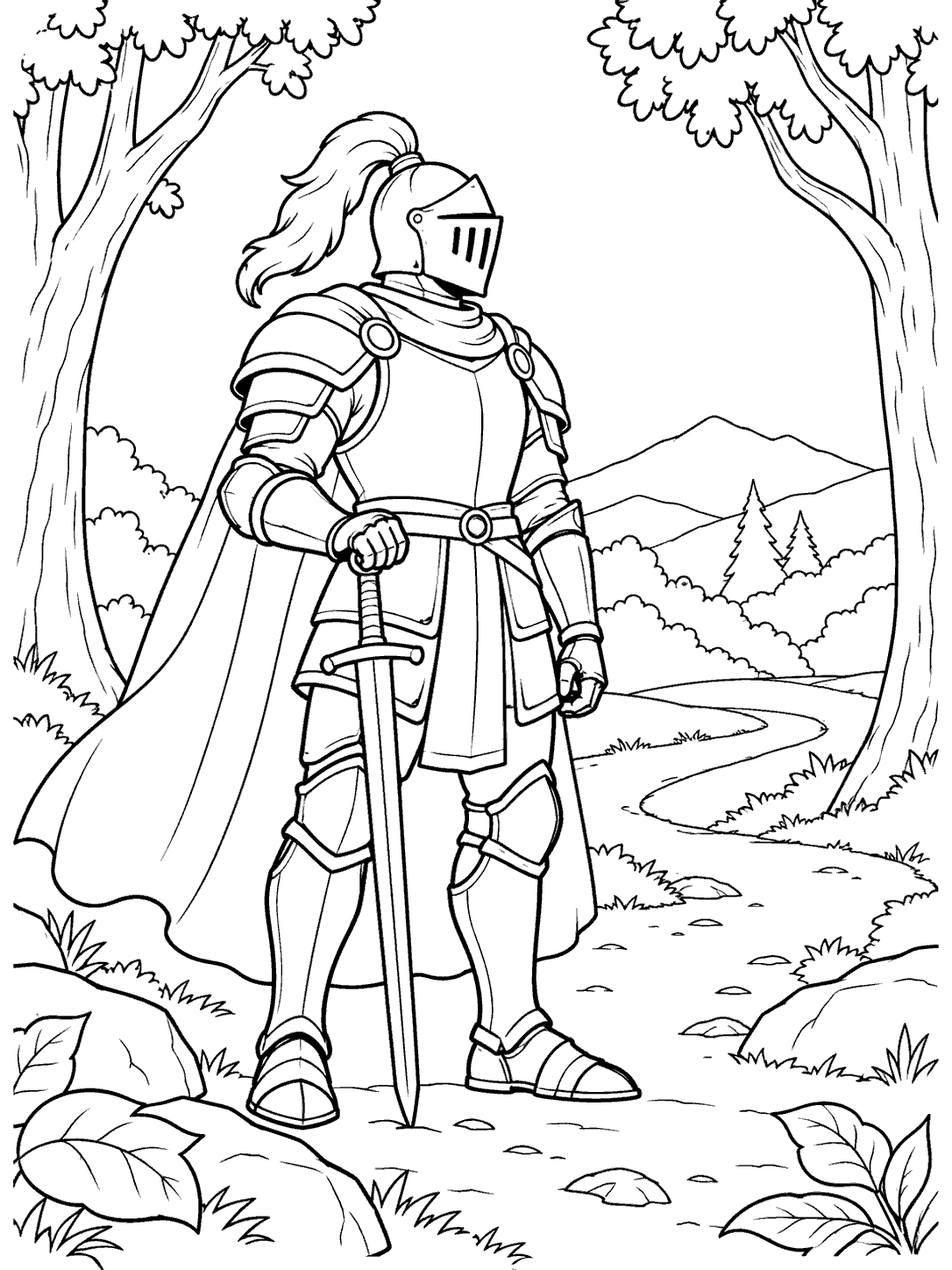 Black-outline coloring page of an armored knight with a sword in a forest clearing, framed by trees and a winding path.