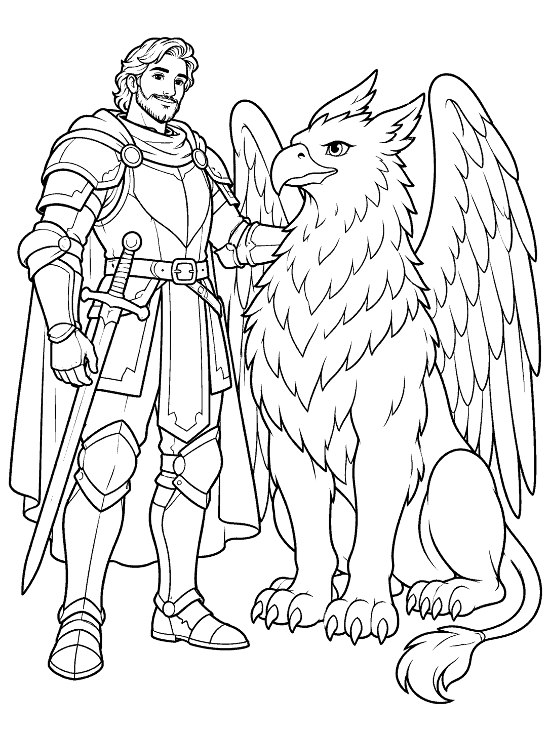 Black outline coloring page of an armored knight beside a seated griffin with eagle head and wings and a lion’s body.