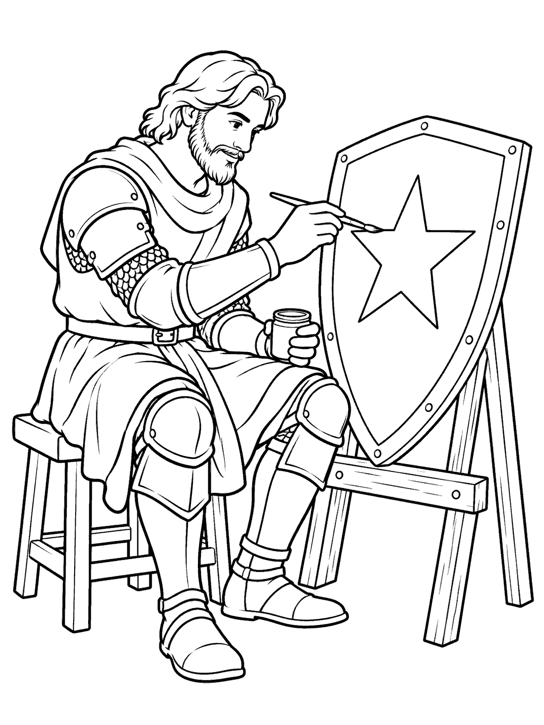 Black-outline coloring page of a seated knight painting a star on a shield propped on a stand, with a small paint pot.