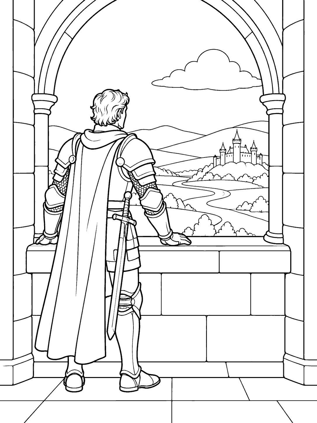 Armored knight viewed from behind at an arched castle window, overlooking hills and a distant castle coloring page