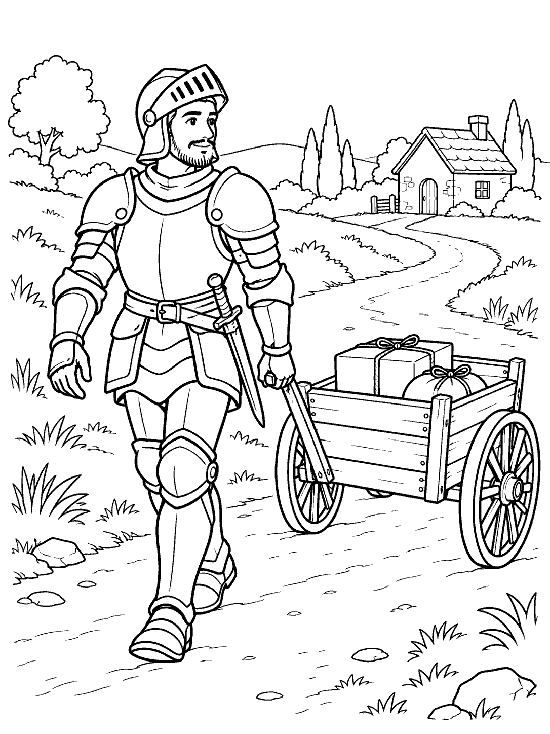 Black-outline coloring page showing an armored knight beside a two-wheeled wagon with parcels, a curving road, and a distant cottage.