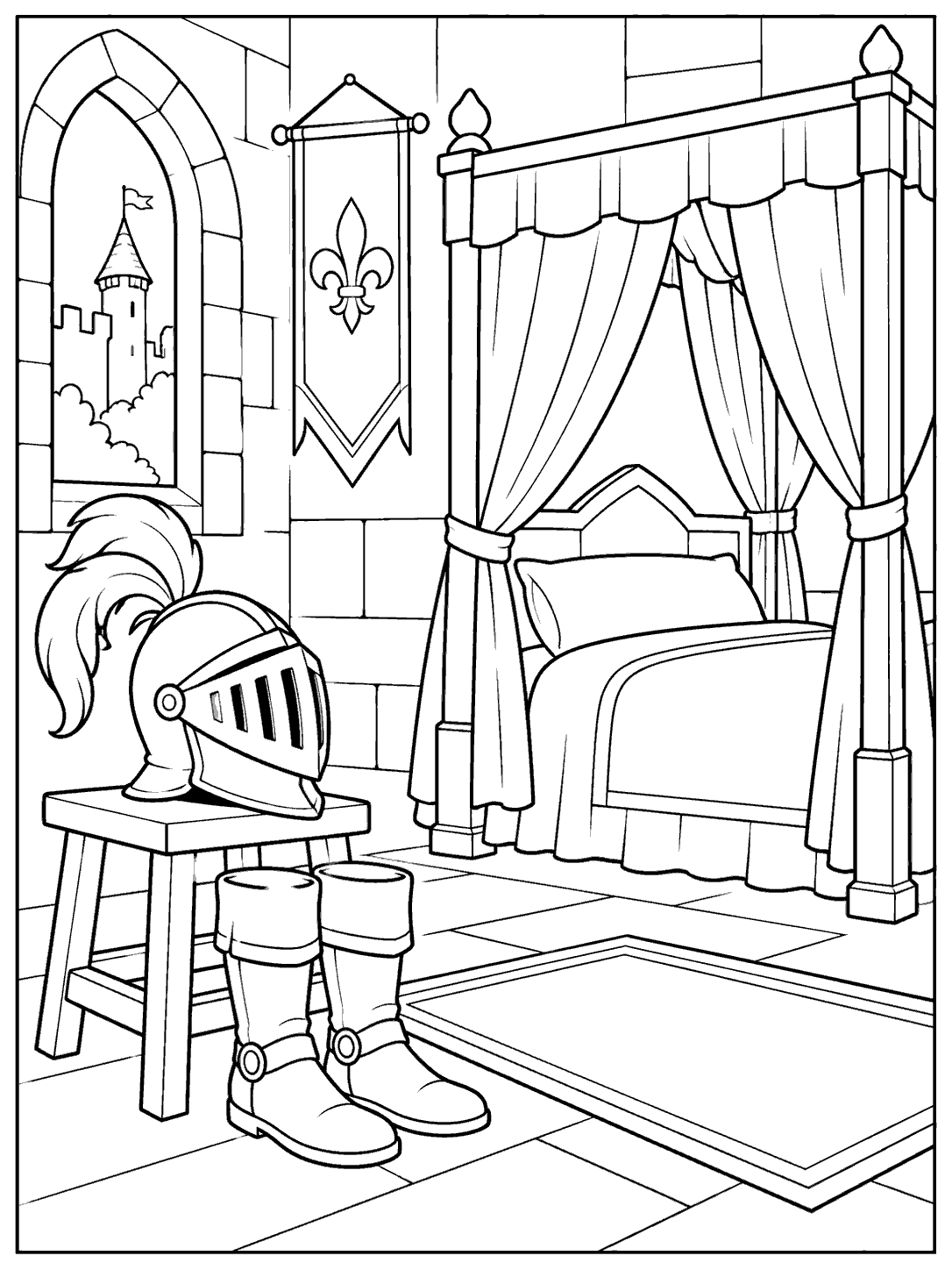 Castle bedroom coloring page with a curtained bed, helmet on a stool, and a pair of boots.