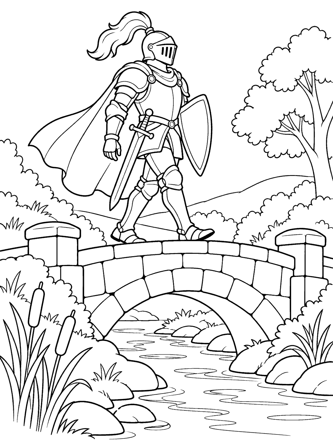 Black-outline coloring page of an armored knight crossing a stone bridge over a stream, with reeds and trees along the banks.