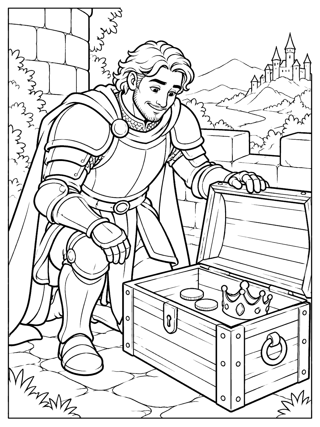 Armored knight kneeling beside an open treasure chest with coins and a crown, in a printable coloring page.