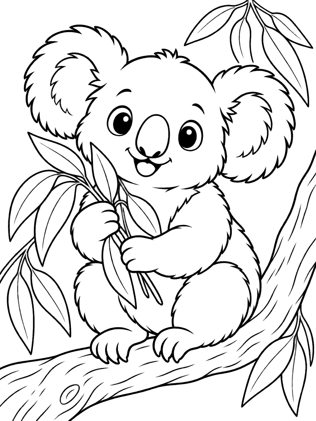 Black-and-white coloring page of a smiling koala holding eucalyptus leaves while sitting on a branch.