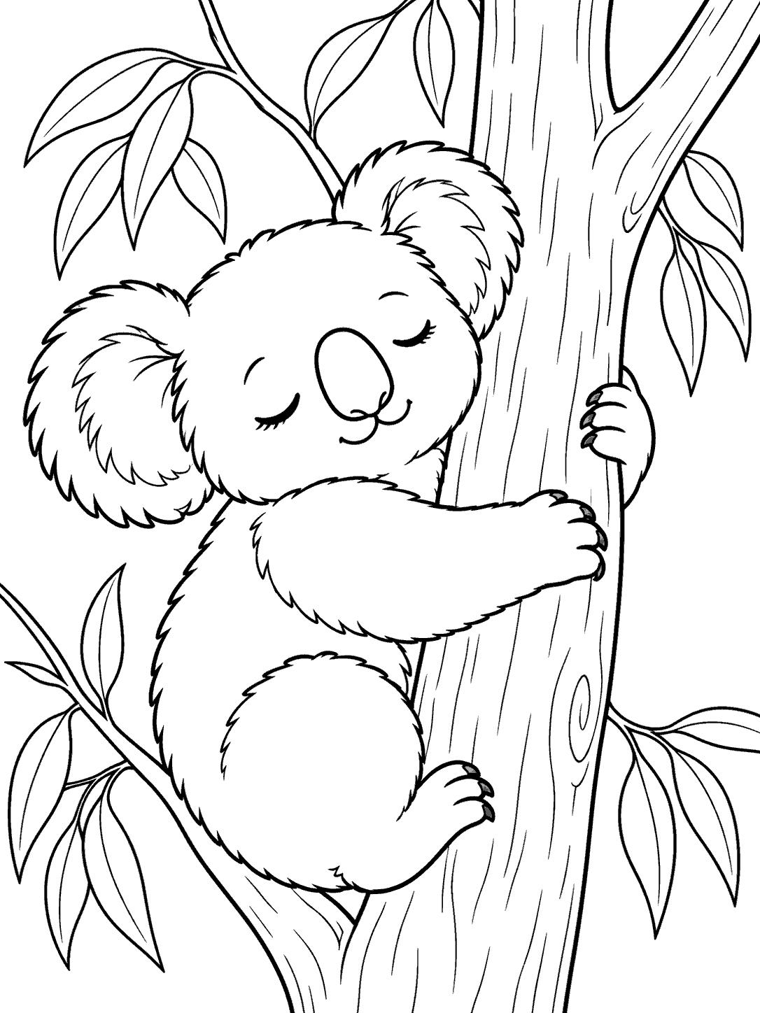 Sleepy koala hugging a tree trunk in a black-and-white coloring page
