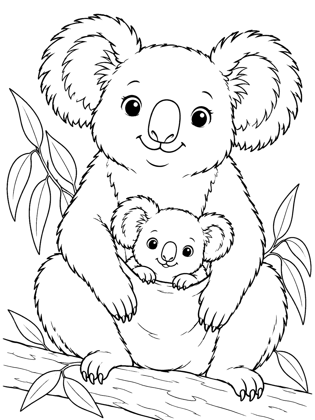 Black-outline coloring page of a seated mother koala with her baby peeking from her pouch among leaves.