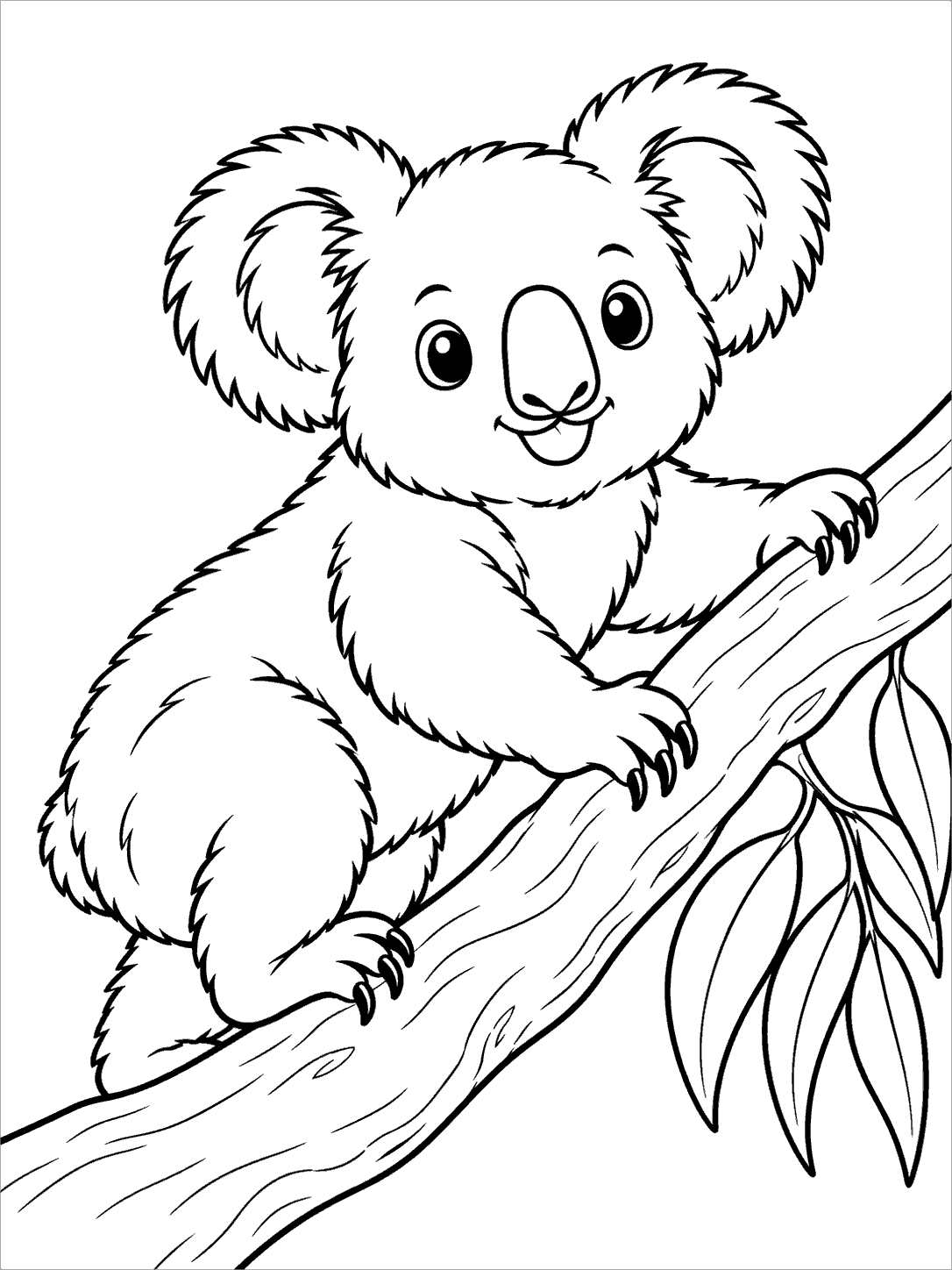 Black and white coloring page of a smiling koala climbing a diagonal branch with leaves