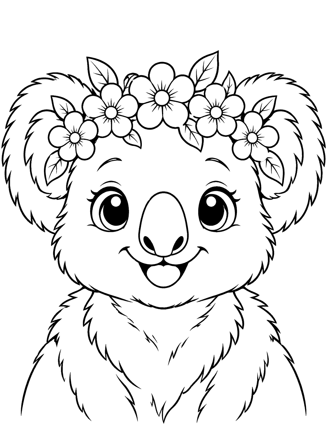 Smiling koala with a five-flower crown coloring page