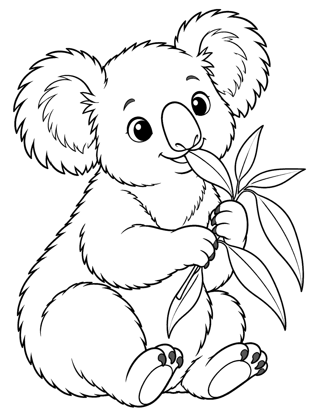 Seated koala holding and nibbling eucalyptus leaves in a black-and-white coloring page.