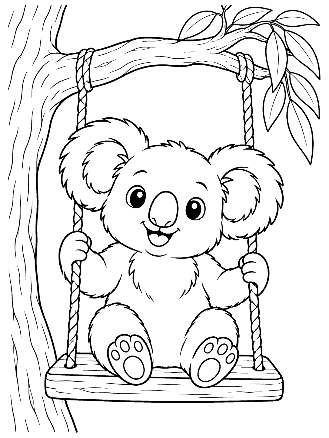 Black-and-white coloring page of a smiling koala sitting on a wooden swing suspended from a tree branch with leaves.