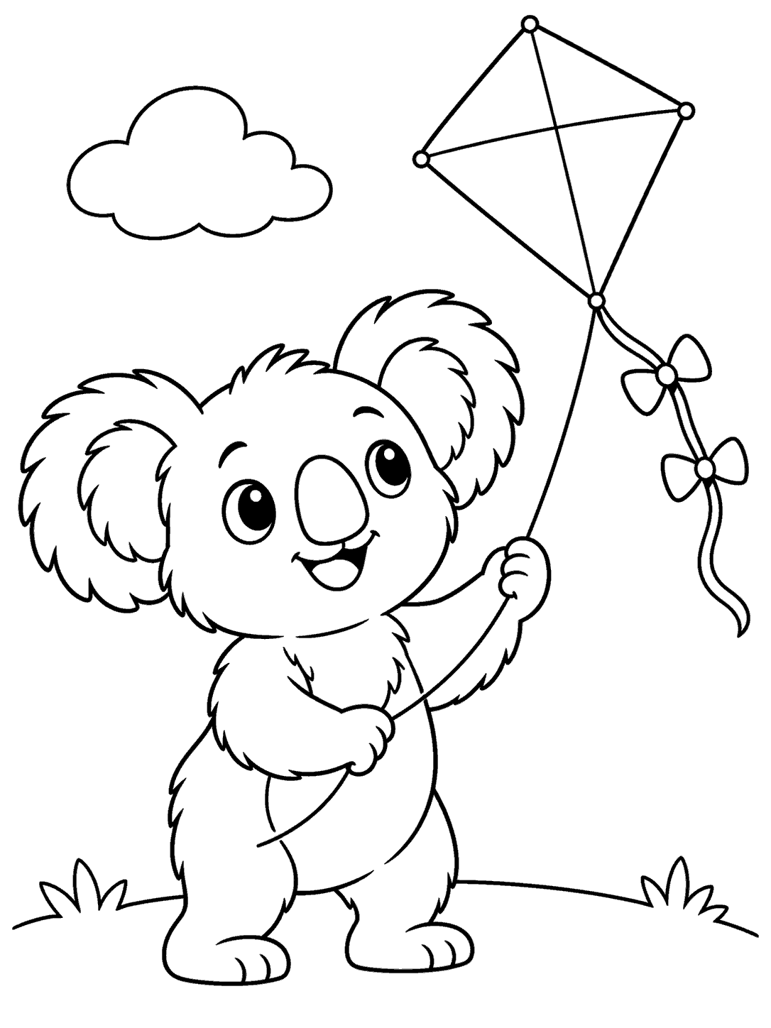 Standing koala holding a string attached to a diamond kite with two bows on its tail, on a ground line beneath a cloud.