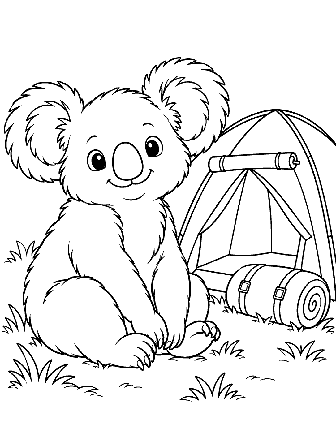 Black-outline coloring page of a seated koala beside a camping tent and rolled sleeping bag