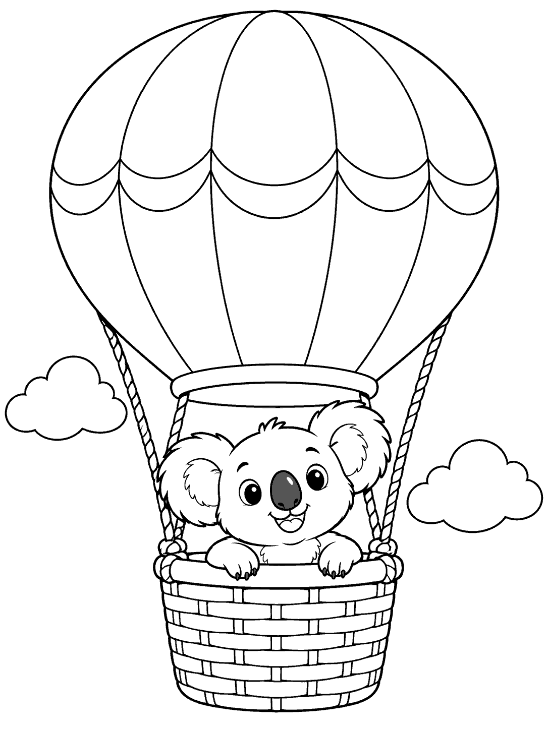 Cheerful koala peeking from a woven basket suspended beneath a paneled hot air balloon, with two clouds, in a black-and-white coloring page.