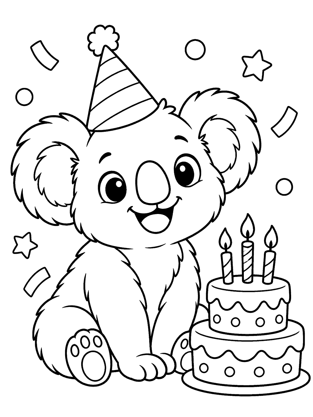 Black-and-white coloring page of a happy koala wearing a party hat beside a two-tier birthday cake with three candles and scattered confetti.