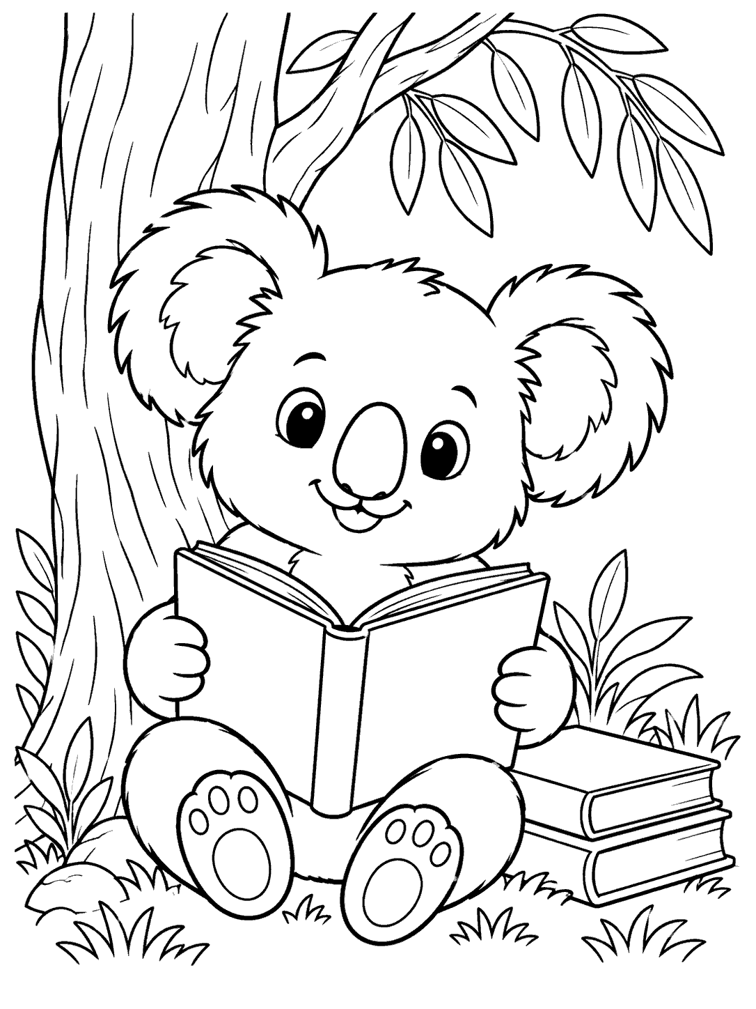 Black-and-white koala coloring page showing a seated koala reading a blank open book beneath a tree, with a stack of two books beside it.
