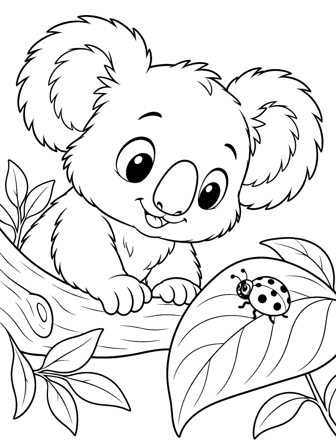 A friendly koala leaning toward a spotted ladybug on an oversized leaf, in a black-and-white coloring page.