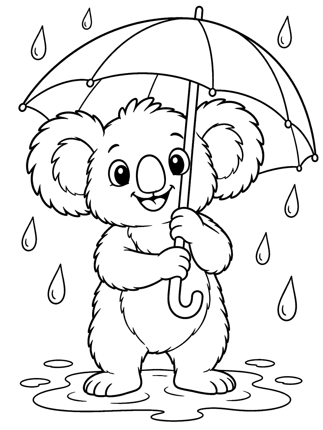 Standing koala holding a broad umbrella above a puddle on a rain shower coloring page