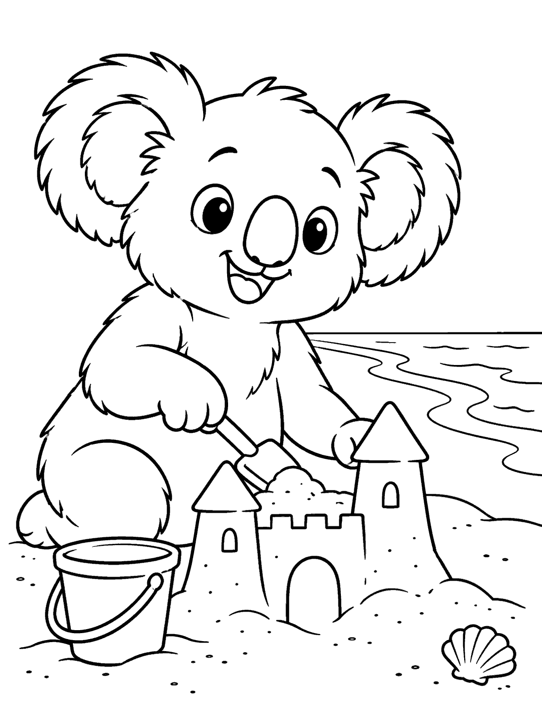 Koala kneeling beside a two-tower sandcastle with a bucket, shovel, curved shoreline, and seashell.