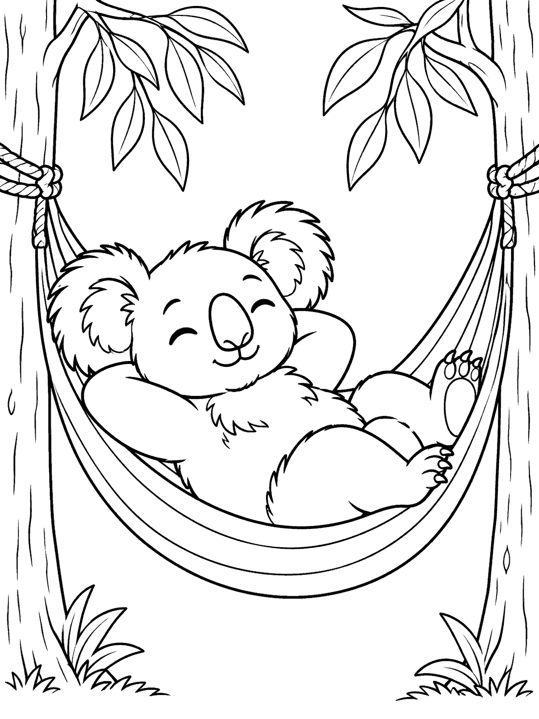 Black-and-white coloring page of a smiling koala reclining in a hammock between leafy trees