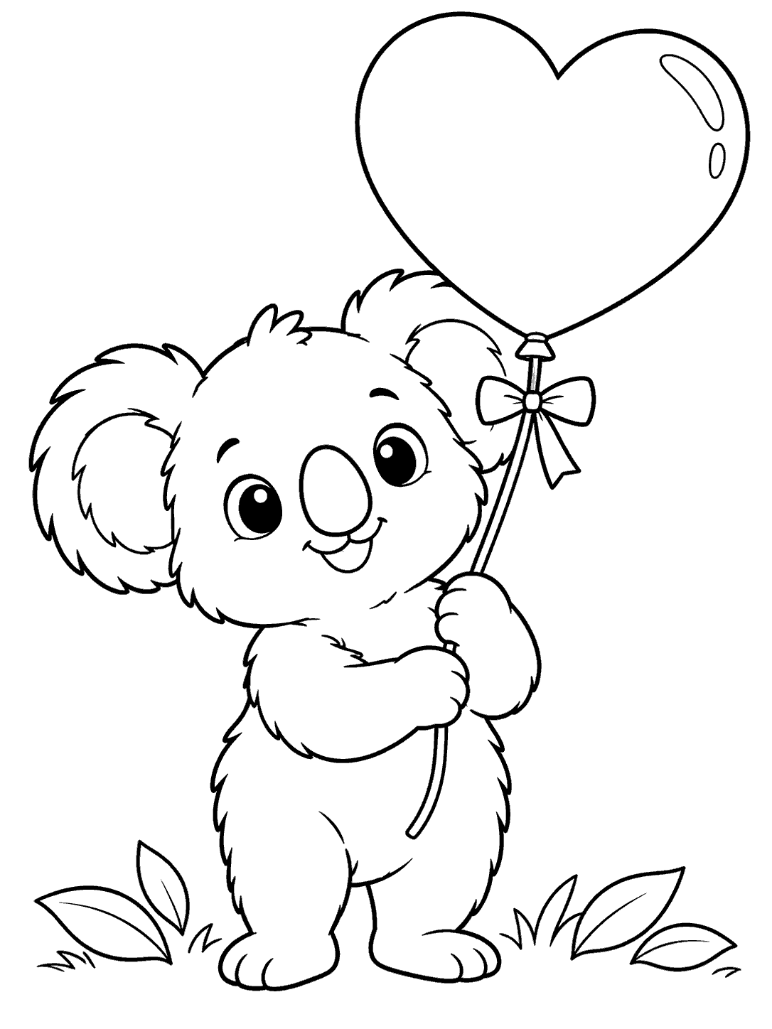 Koala holding a large heart-shaped balloon, with a bow on the string and leaves at its feet, in a black-and-white coloring page.