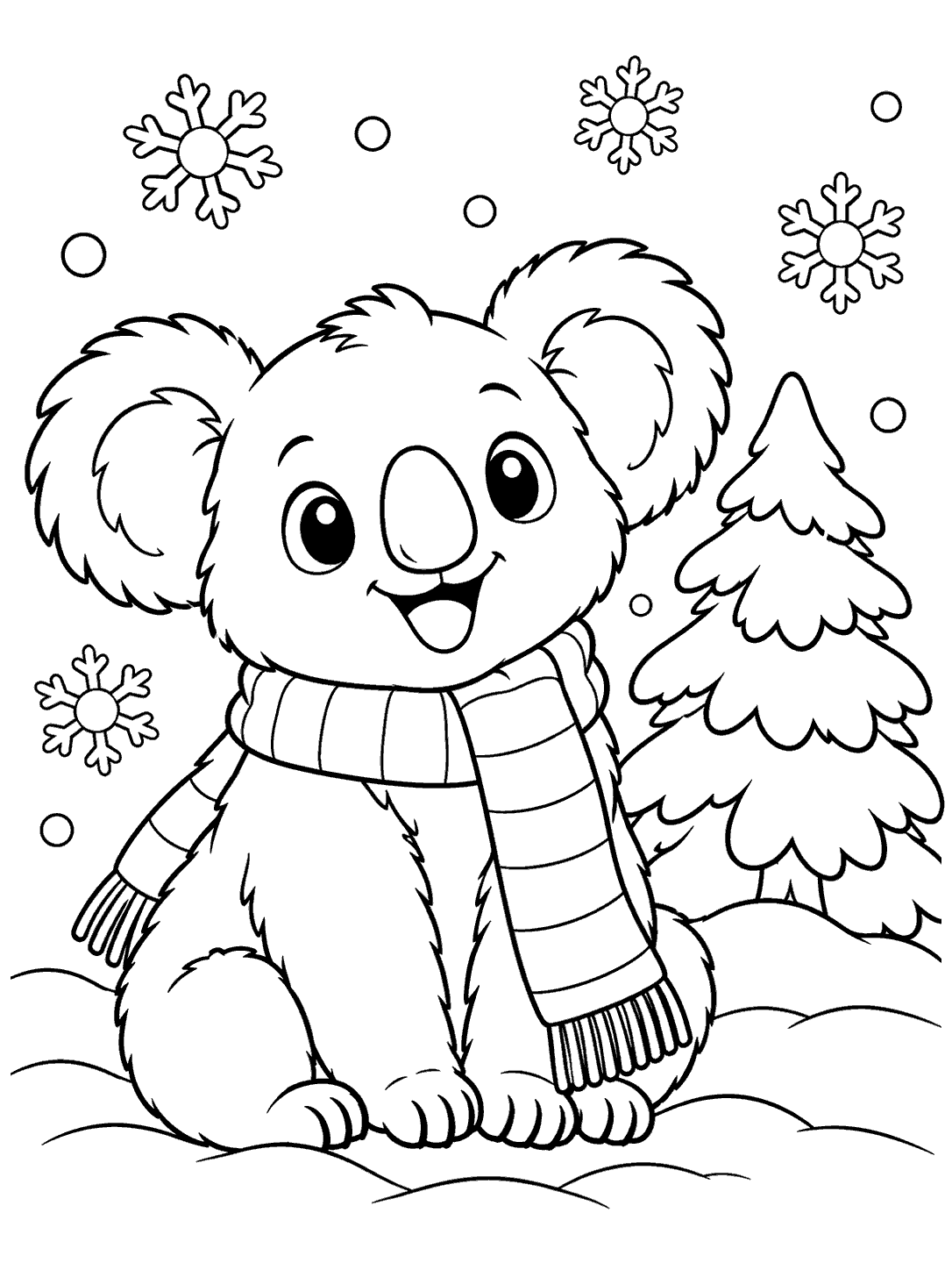 Cheerful koala in a long striped scarf beside a snow-covered evergreen with falling snowflakes.