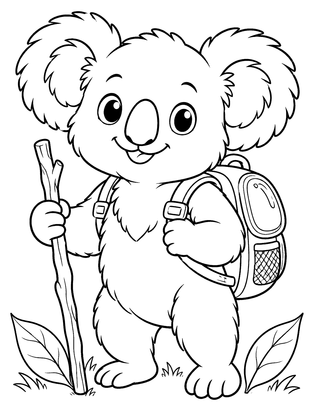 Standing koala wearing a backpack and holding a walking stick, with two leaves near its feet, in a coloring page.