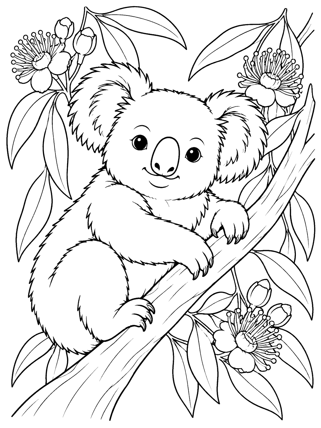 Black outline coloring page of a smiling koala resting on a eucalyptus branch surrounded by blossoms and leaves.