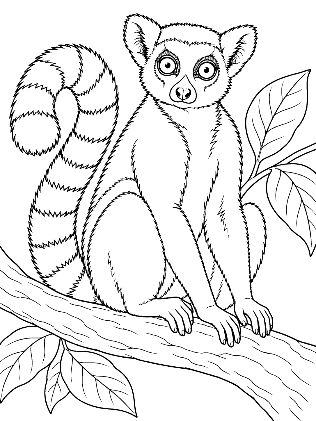 Black-outline coloring page of a ring-tailed lemur sitting on a branch among large leaves.