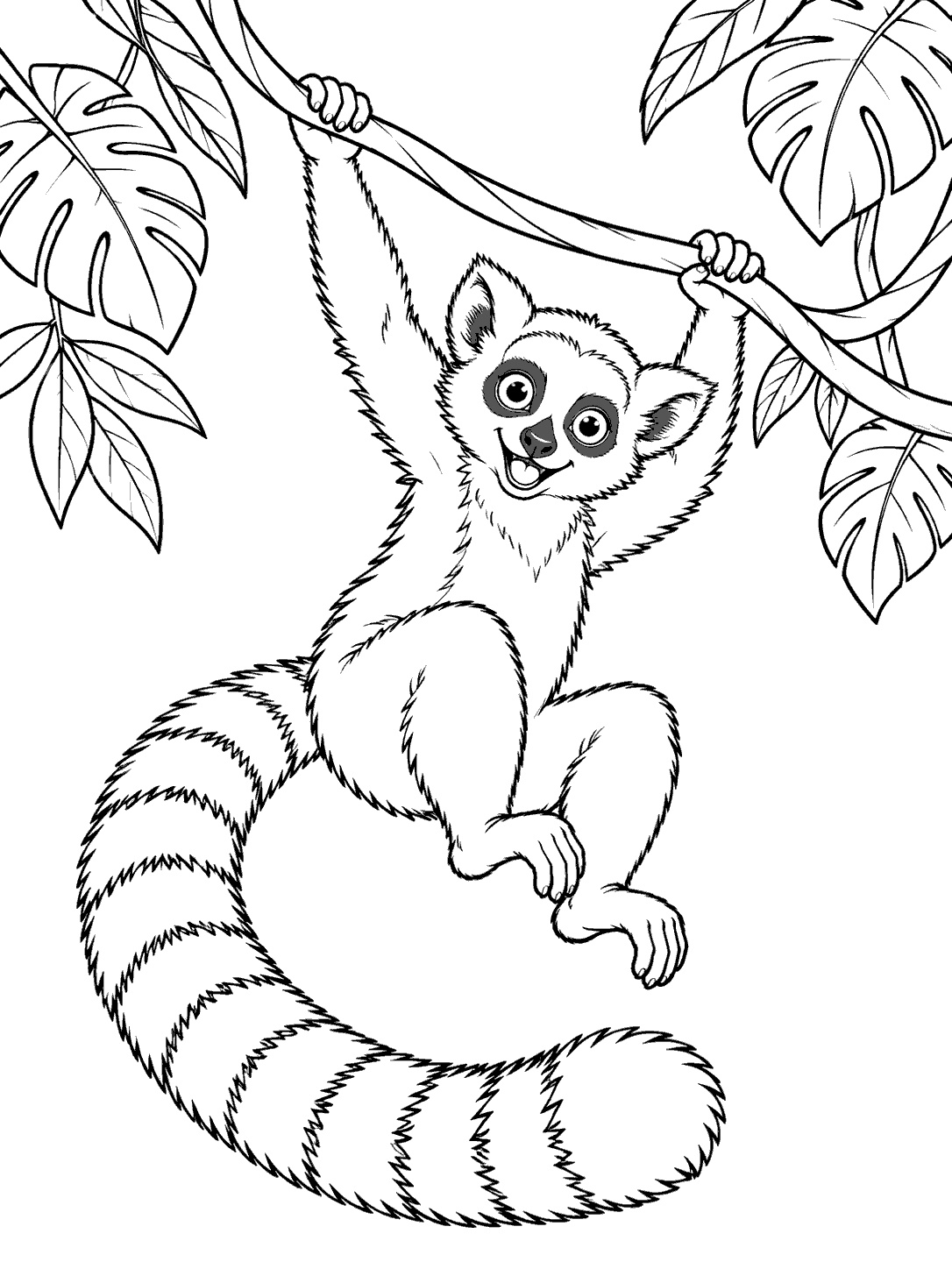 A wide-eyed lemur hanging by both hands from a looping vine, with bent legs and a long striped tail curling beneath it among tropical leaves.