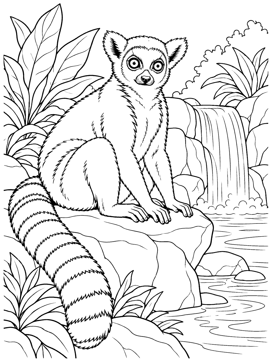 Black-outline coloring page of a seated ring-tailed lemur on a rock beside a waterfall and pool, surrounded by plants.