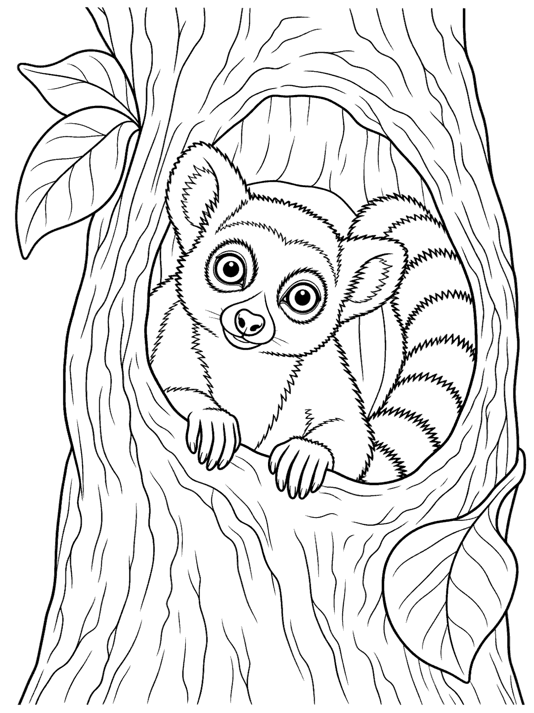 A wide-eyed lemur peeking from a tree hollow, with its paws and striped tail visible among bark lines and large leaves.