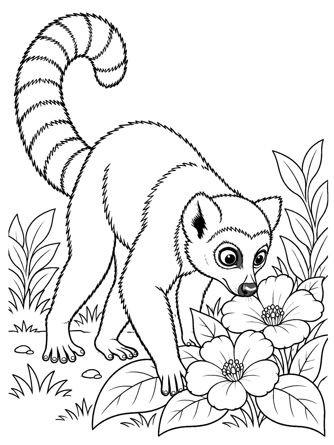 A ring-tailed lemur walking with its nose near two large flowers, surrounded by broad leaves and small garden plants.