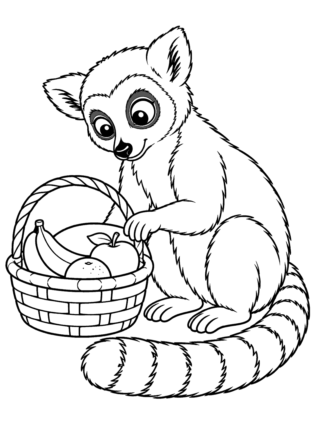 A seated lemur rests one paw on a woven fruit basket while its striped tail curls along the ground.