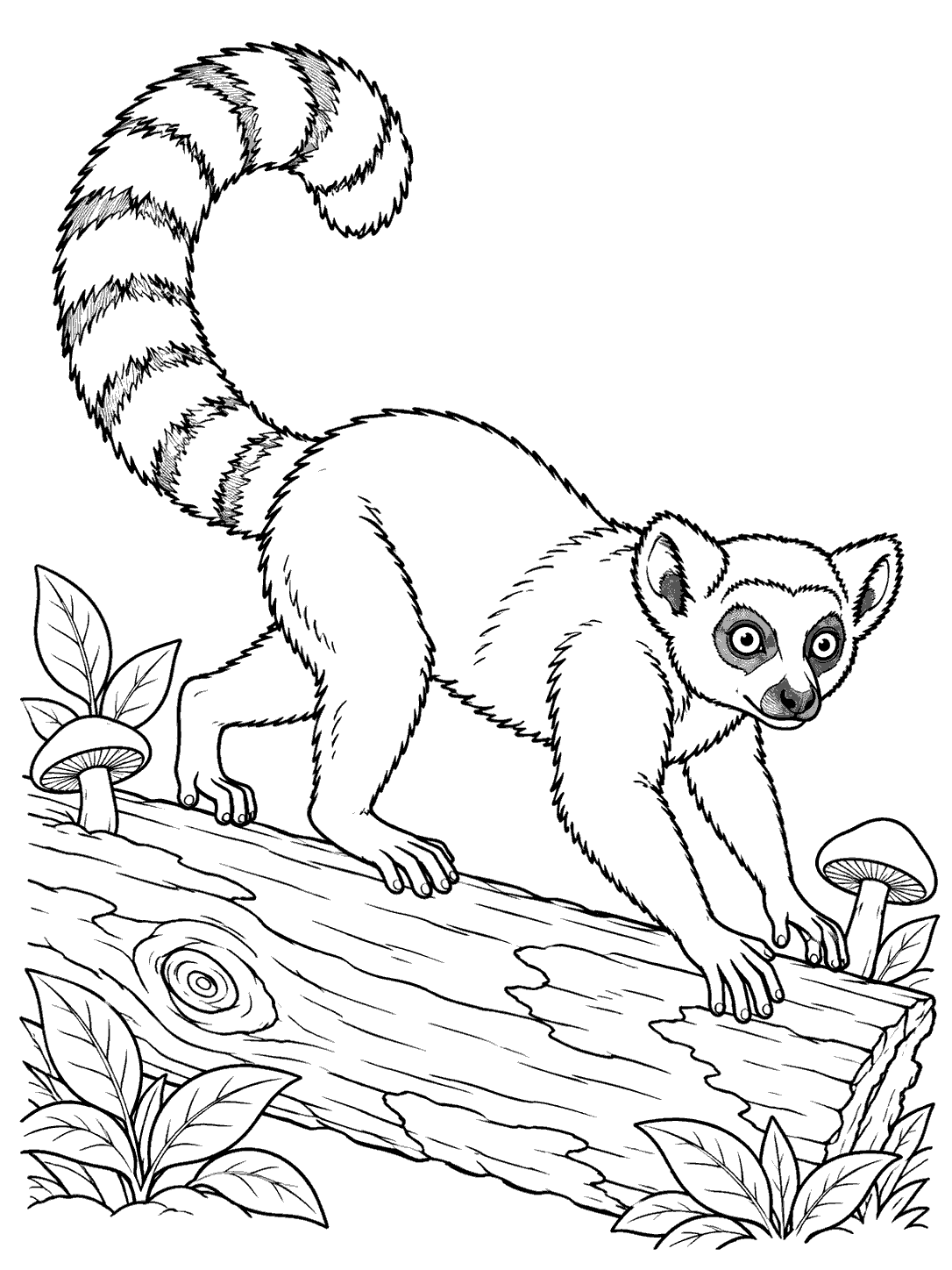 Black-and-white coloring page of a ring-tailed lemur walking across a fallen log among mushrooms and leaves.