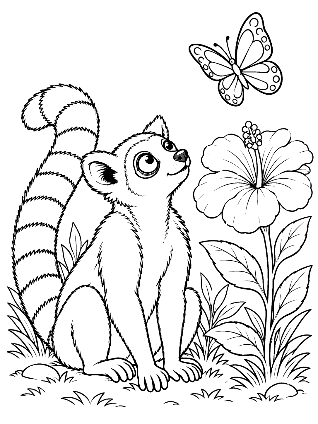 A seated, banded-tail lemur gazes at a butterfly hovering above a large flower, surrounded by leaves and grass.