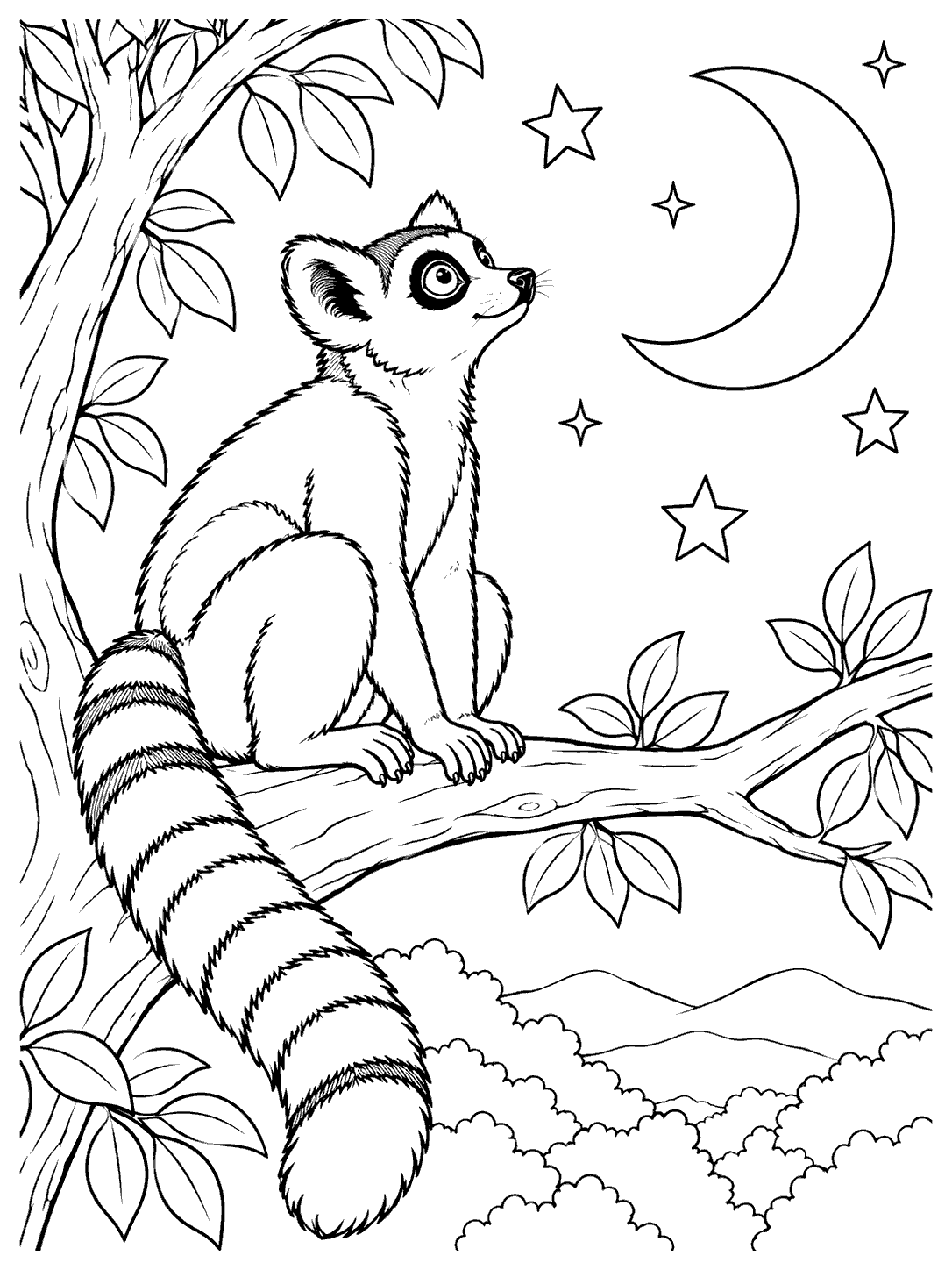 Striped-tail lemur perched on a branch beneath a crescent moon and stars.