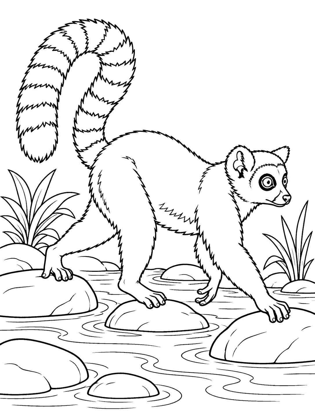 A ring-tailed lemur stepping across rounded stones in a shallow stream, with curved water lines and river plants.