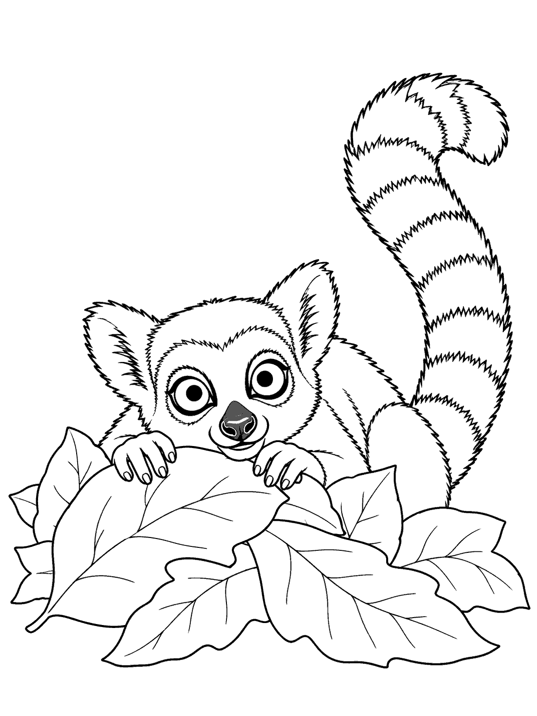 Black-and-white coloring page of a wide-eyed lemur crouched behind layered leaves, with its forepaws and tall striped tail visible.
