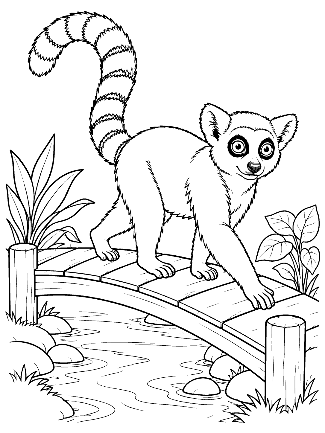 Line art of a lemur crossing a wooden footbridge over a stream, framed by two plants.