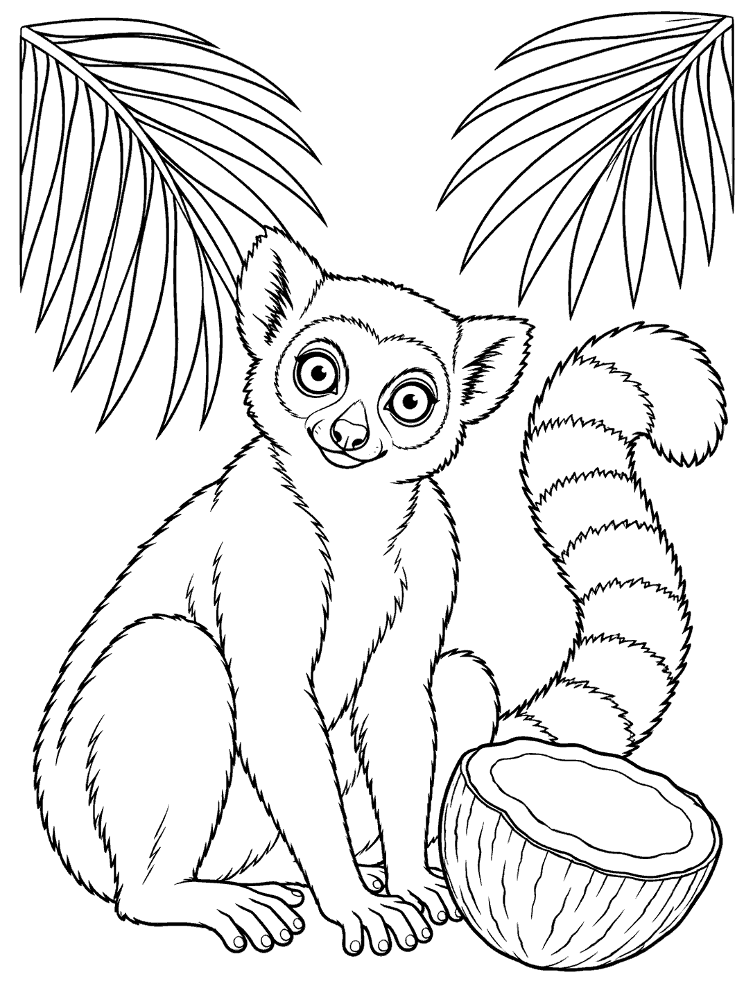 Seated lemur with a ringed tail beside a split coconut beneath two large palm leaves