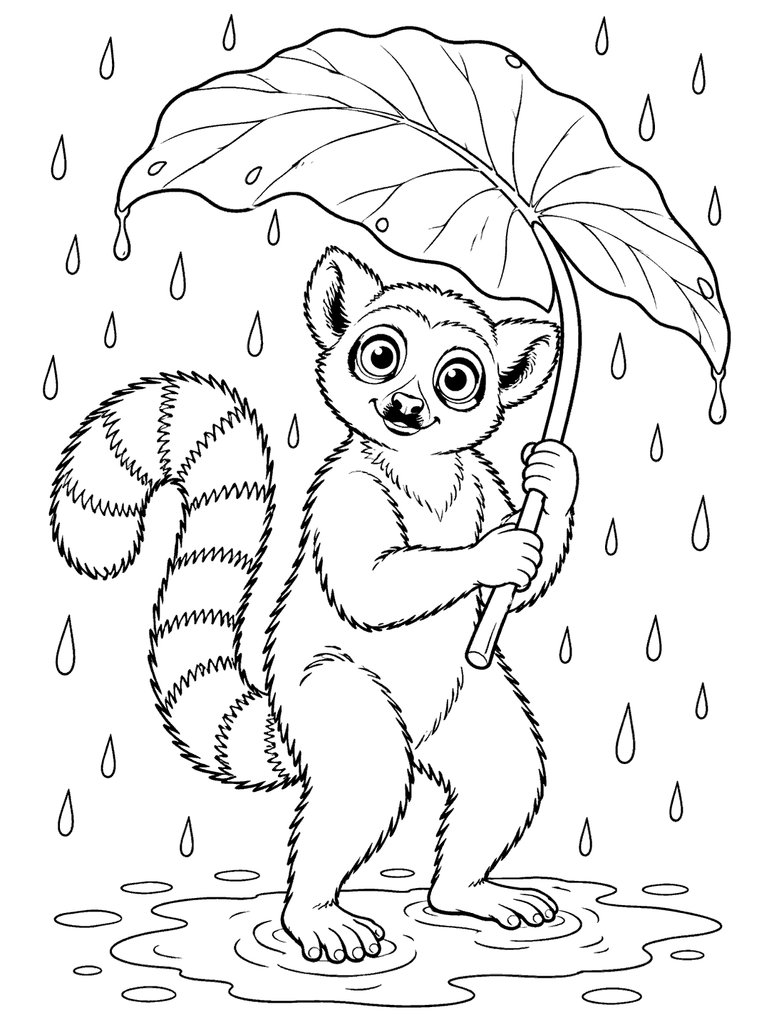 A wide-eyed lemur holds a broad leaf overhead as an umbrella, standing in a puddle with its curled striped tail visible.