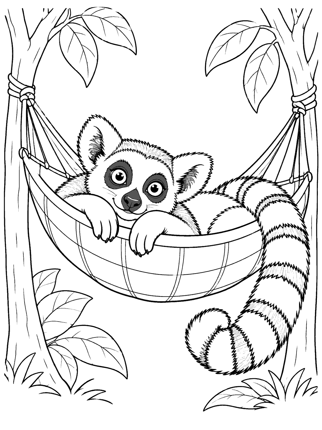 A relaxed lemur reclining in a hammock, its striped tail curled beside it, between two leafy trees.