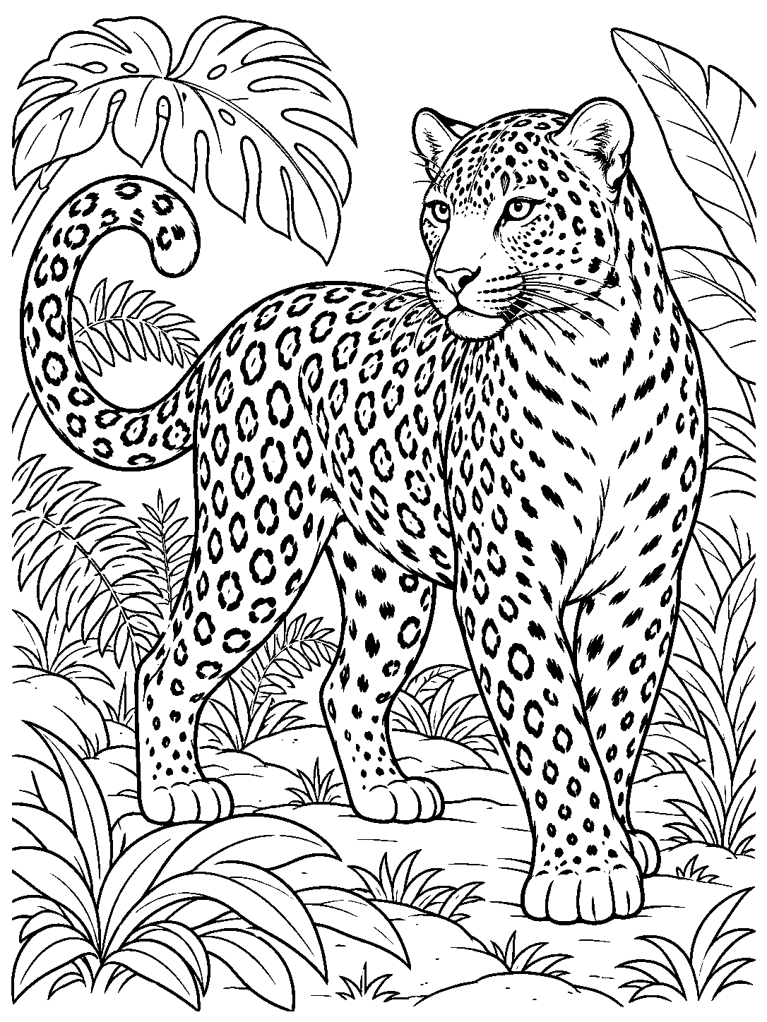 A spotted leopard with a curled tail stands among tropical leaves and ferns.