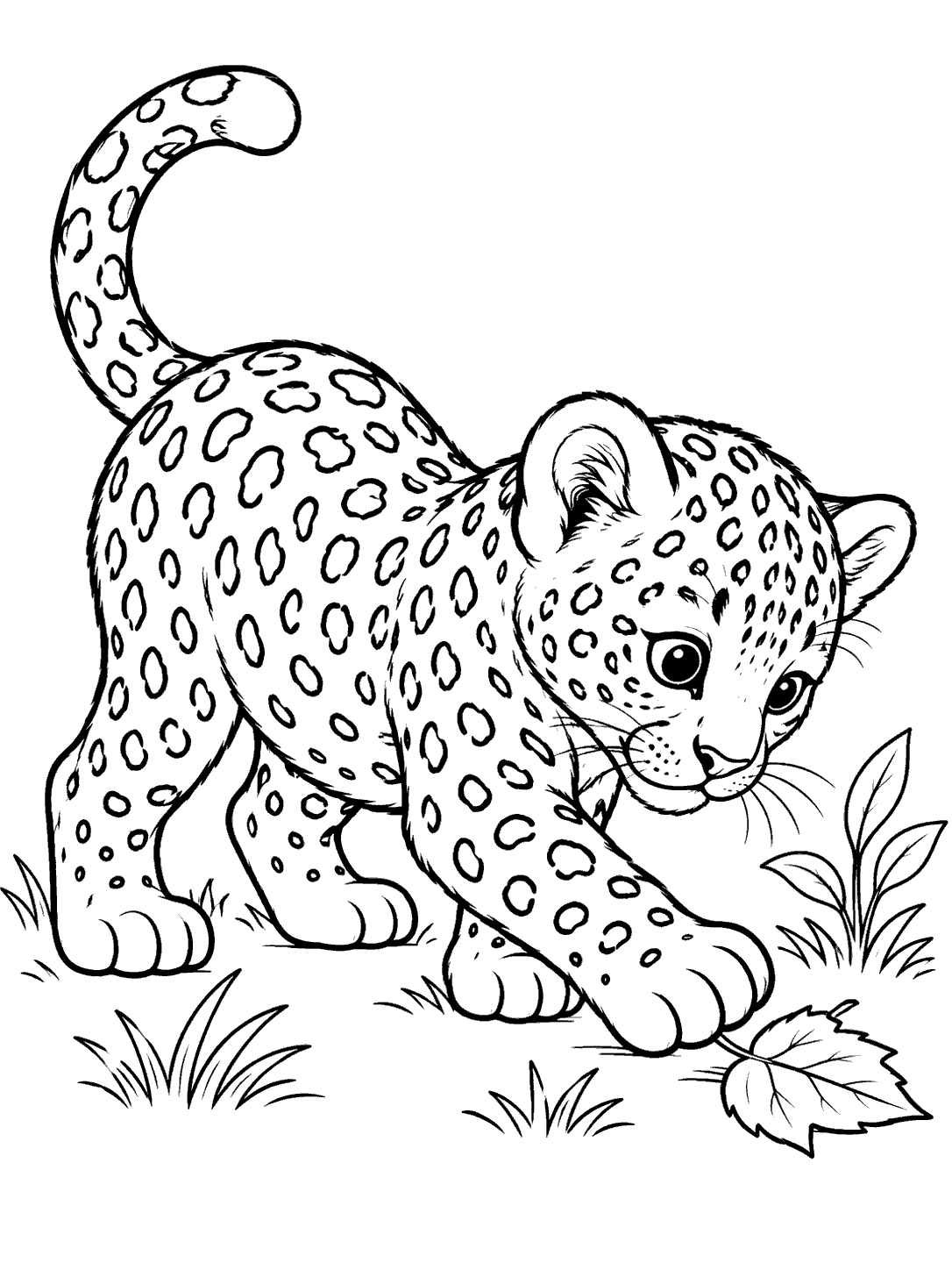 Leopard cub reaching toward a leaf among grass and a small plant.