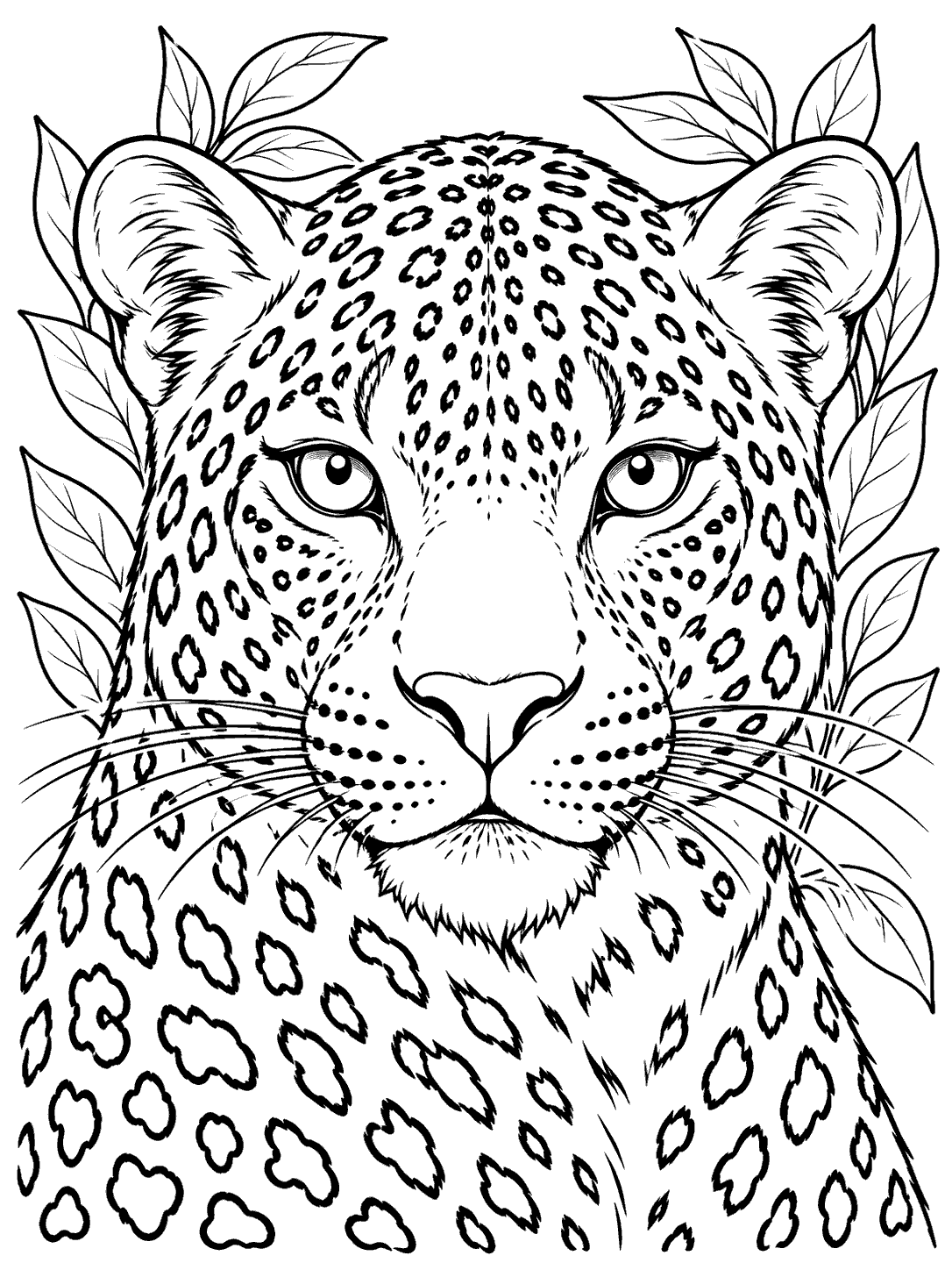 A forward-facing leopard head and upper shoulders with symmetrical eyes, a broad nose, whiskers, dark spots, and leaves behind it.